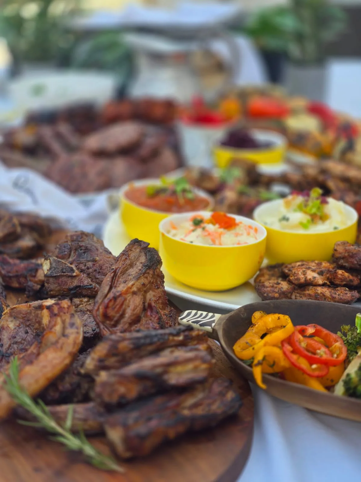 Close-up of grilled meats and sides at a braai