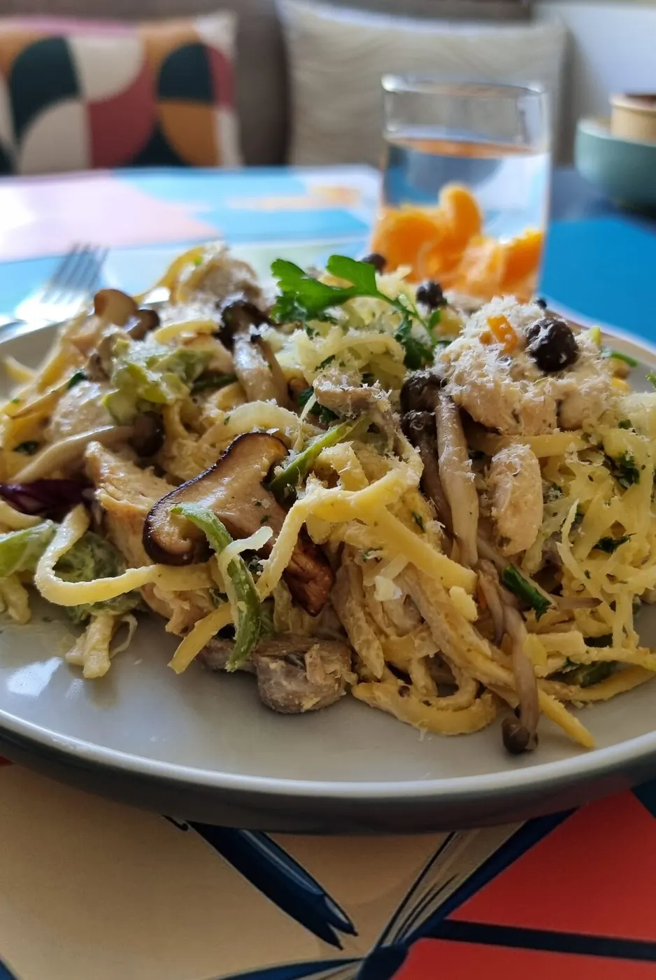 Creamy chicken and mushroom tagliatelle close up &ndash; office lunch delivery