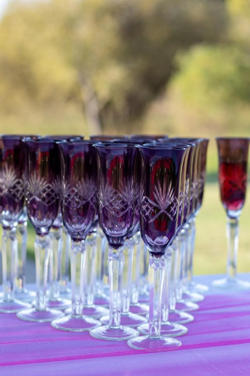 Rows of drinks prepared for an event