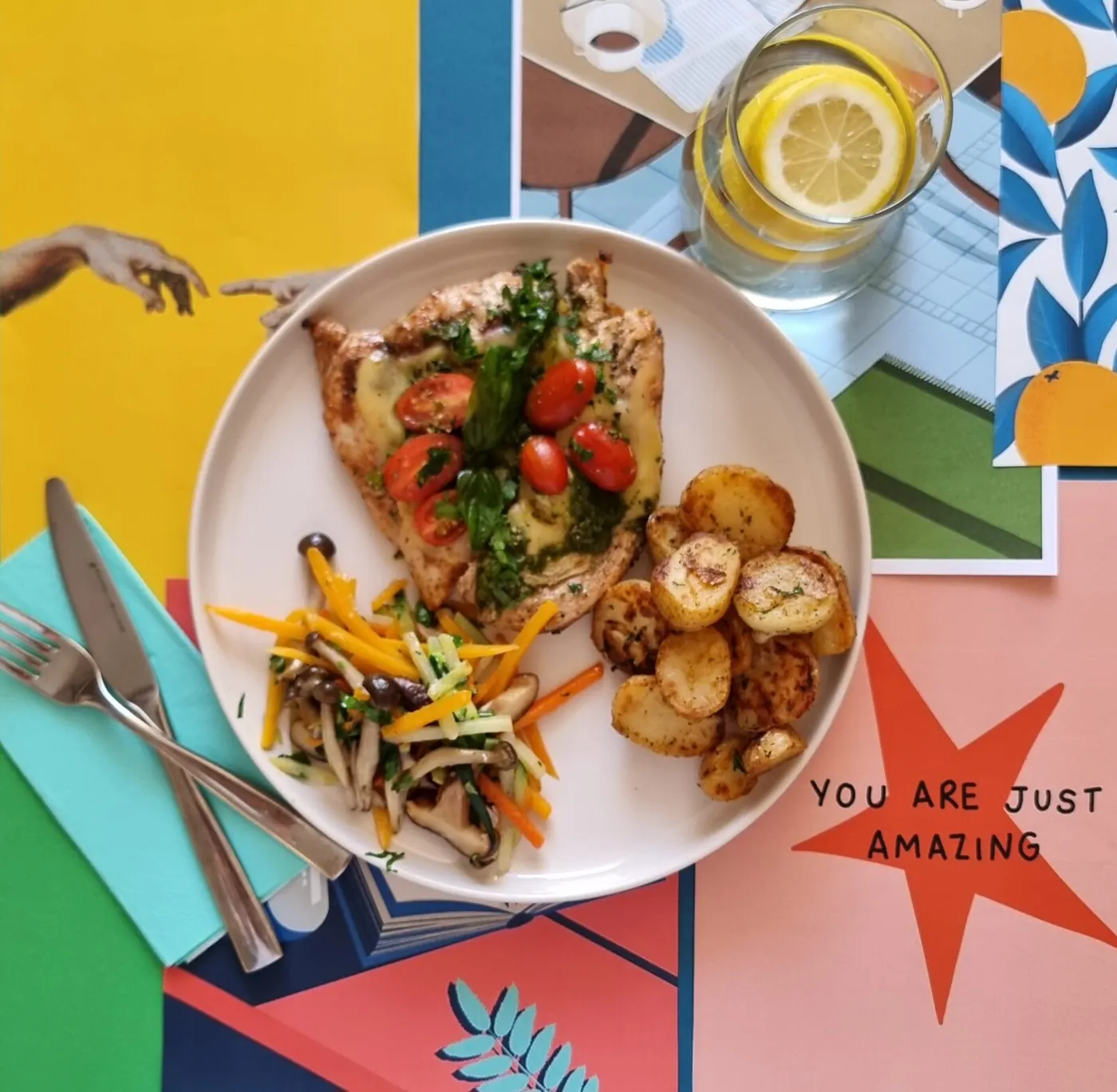 Grilled chicken with mushroom salad and roast potatoes &ndash; staff meals canteen