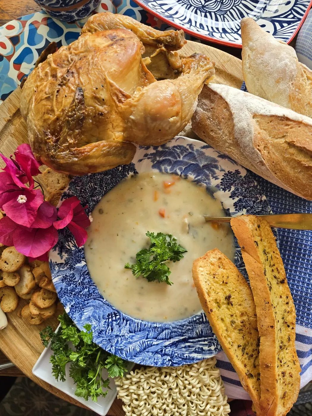 Roast chicken, soup and bread platter &ndash; fresh daily menu