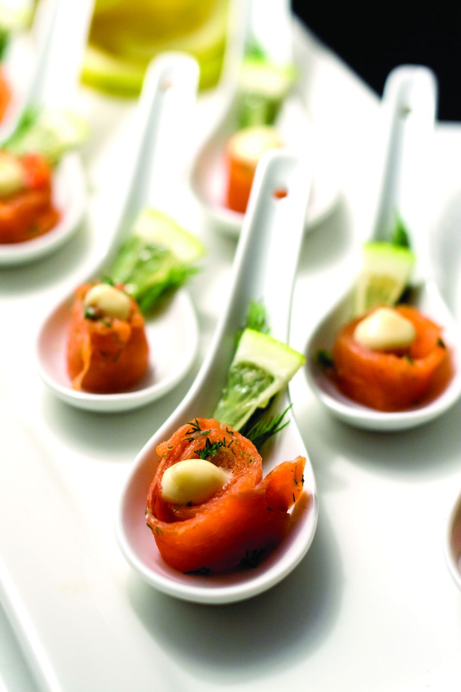 Smoked salmon canape spoons, floating canapes and cocktail catering