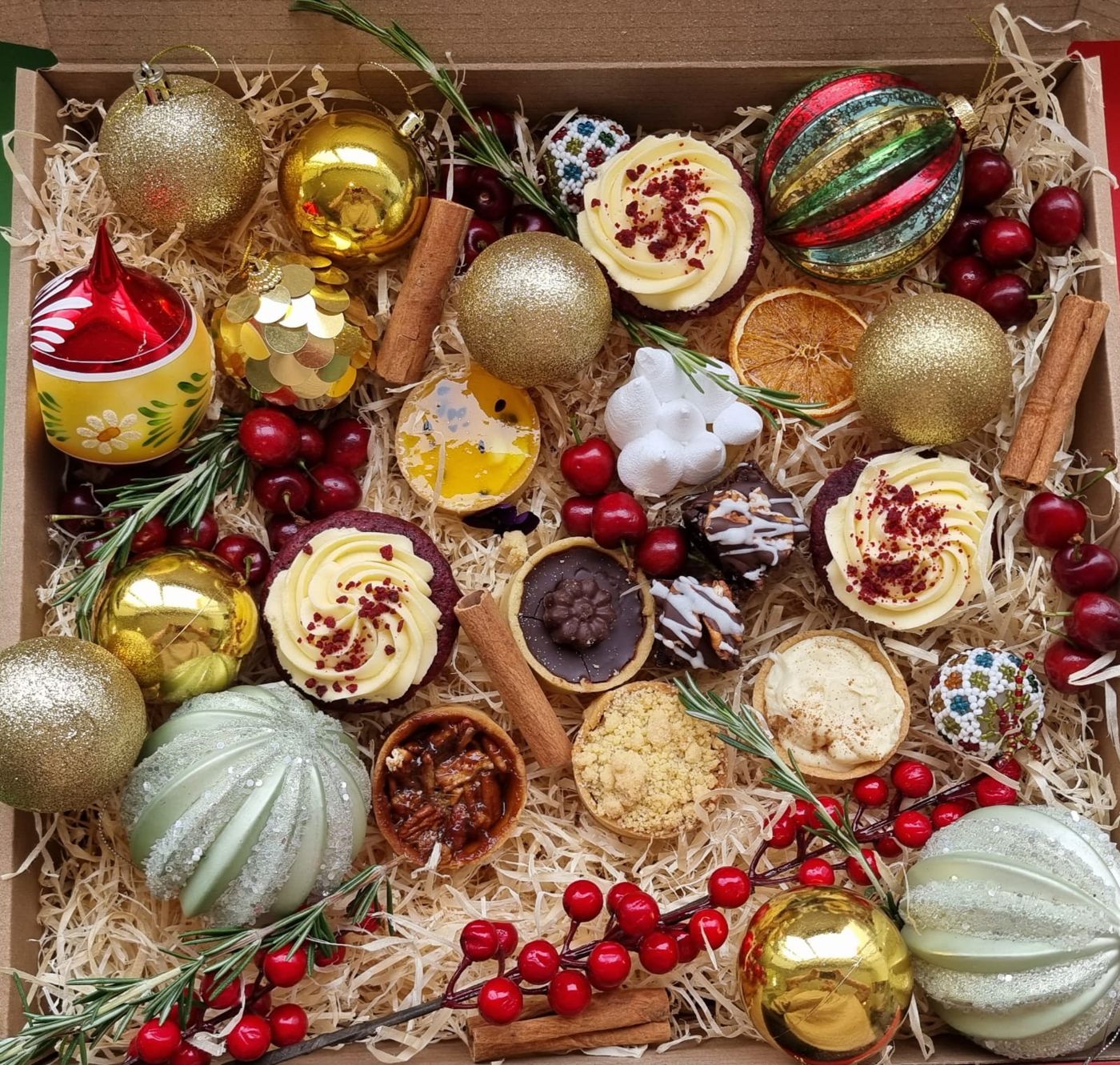 Christmas treat box with cupcakes, tarts and cherries, year end catering Johannesburg